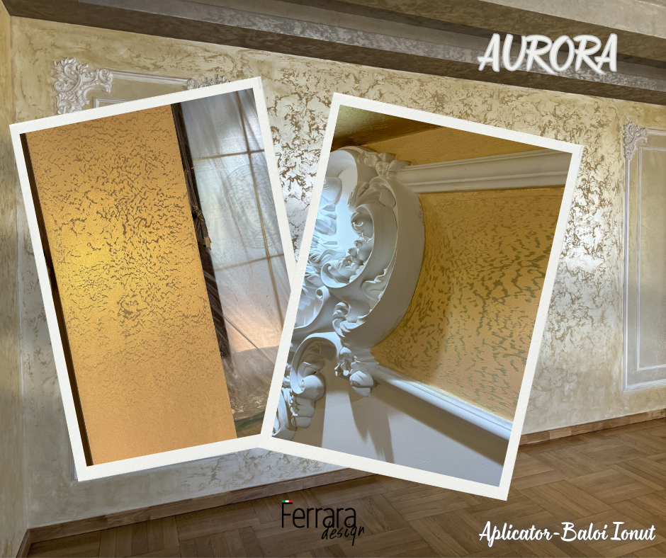 Decorative wall panels with intricate designs and 'Aurora' branding.