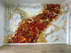 Decorative wall mural with gold, red, black, and white marble-like textures and gold accents