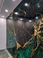 Black and green marble wall with gold veining, glossy finish, luxury interior decor