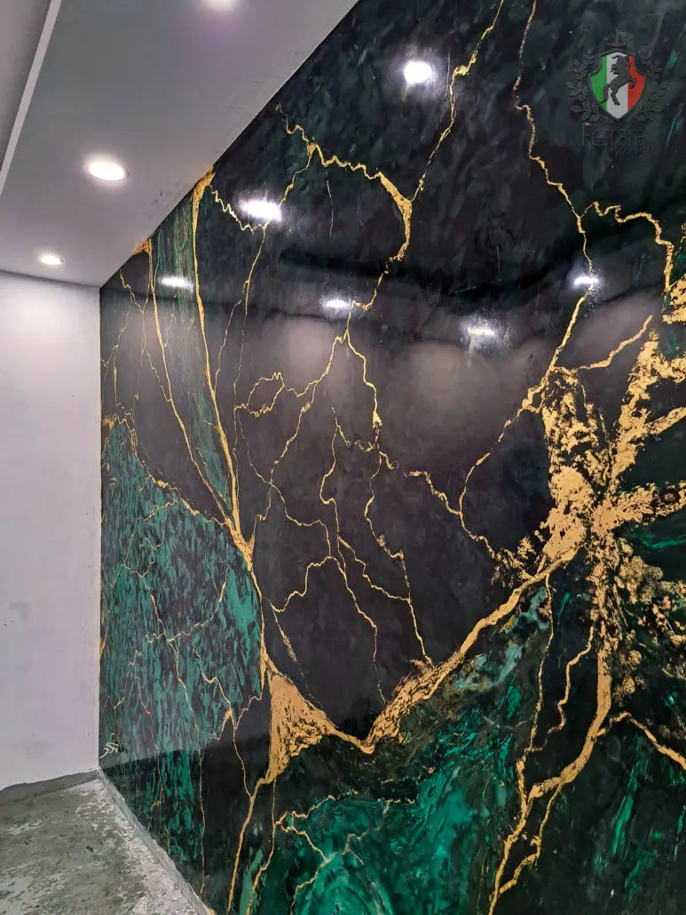 Black and green marble wall with gold veining, glossy finish, luxury interior decor