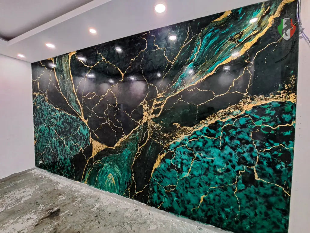 Venetian stucco wall with high-gloss black, green, and gold marble finish