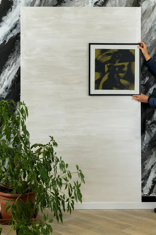 Modern white textured wall with framed artwork and potted plant