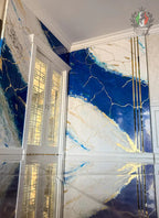 Luxury Venetian Stucco wall with high-gloss blue and gold accents