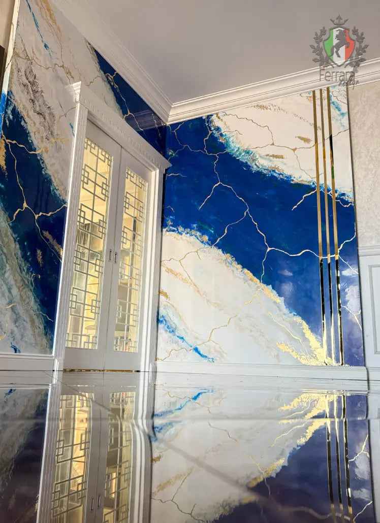 Luxury Venetian Stucco wall with high-gloss blue and gold accents