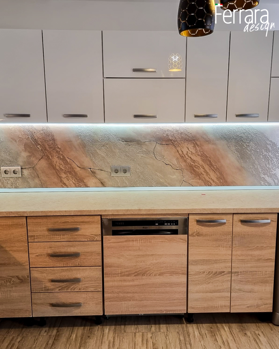 Modern kitchen with wooden cabinets and marble countertop, featuring Ferrara design.