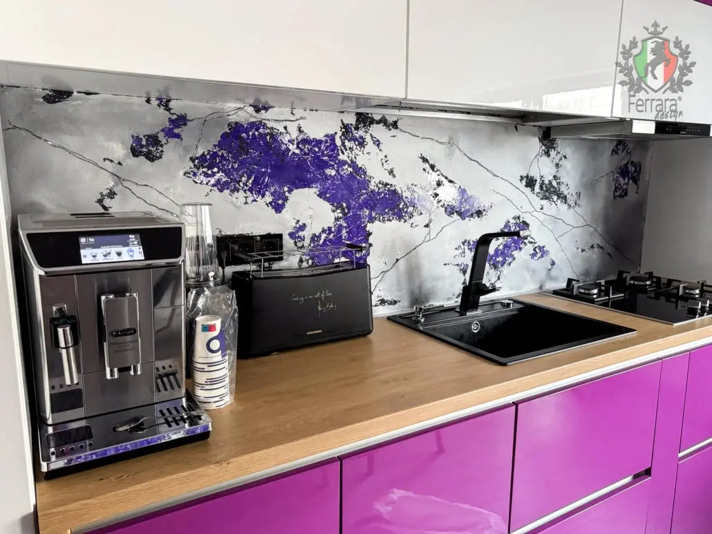 Modern kitchen with purple cabinets, coffee machine, and decorative backsplash.
