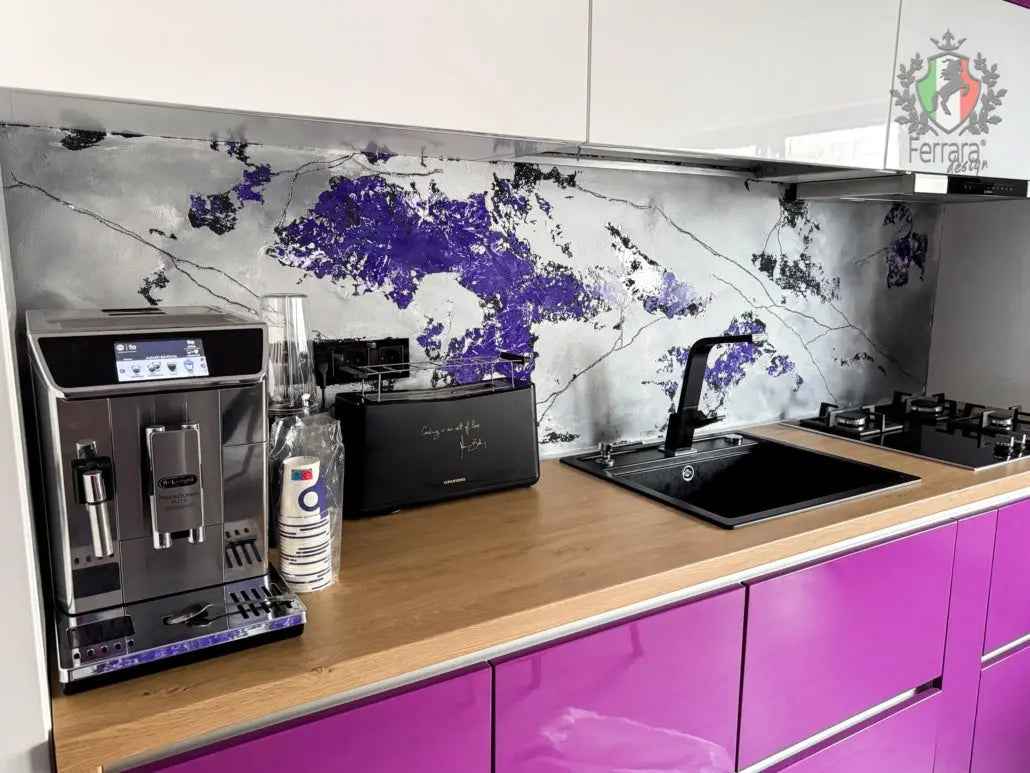 Venetian stucco wall with purple and black accents in modern kitchen