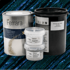 Paint containers and glitter on a glittery blue background with 'Shayra' branding.