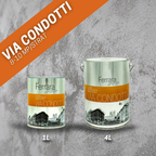 Two paint cans labeled 'Ferrara Design Via Condotti' on a textured gray background.