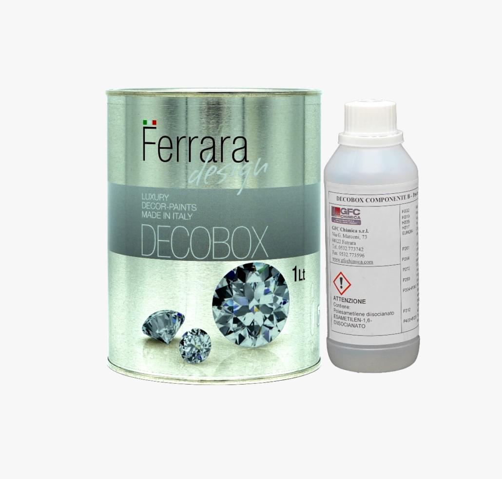 Ferrara Decobox paint can and a bottle of decoupage glue on a white background