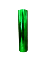 Green metallic foil roll on a white background