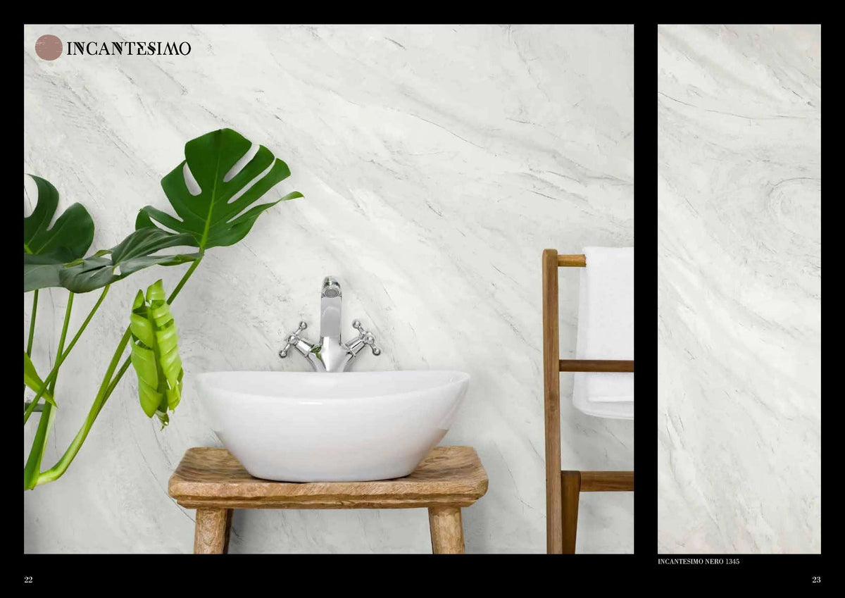 Venetian marble effect plaster wall with green Monstera plant