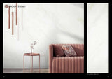 Venetian marble effect wall with pink pendant lights and pink sofa