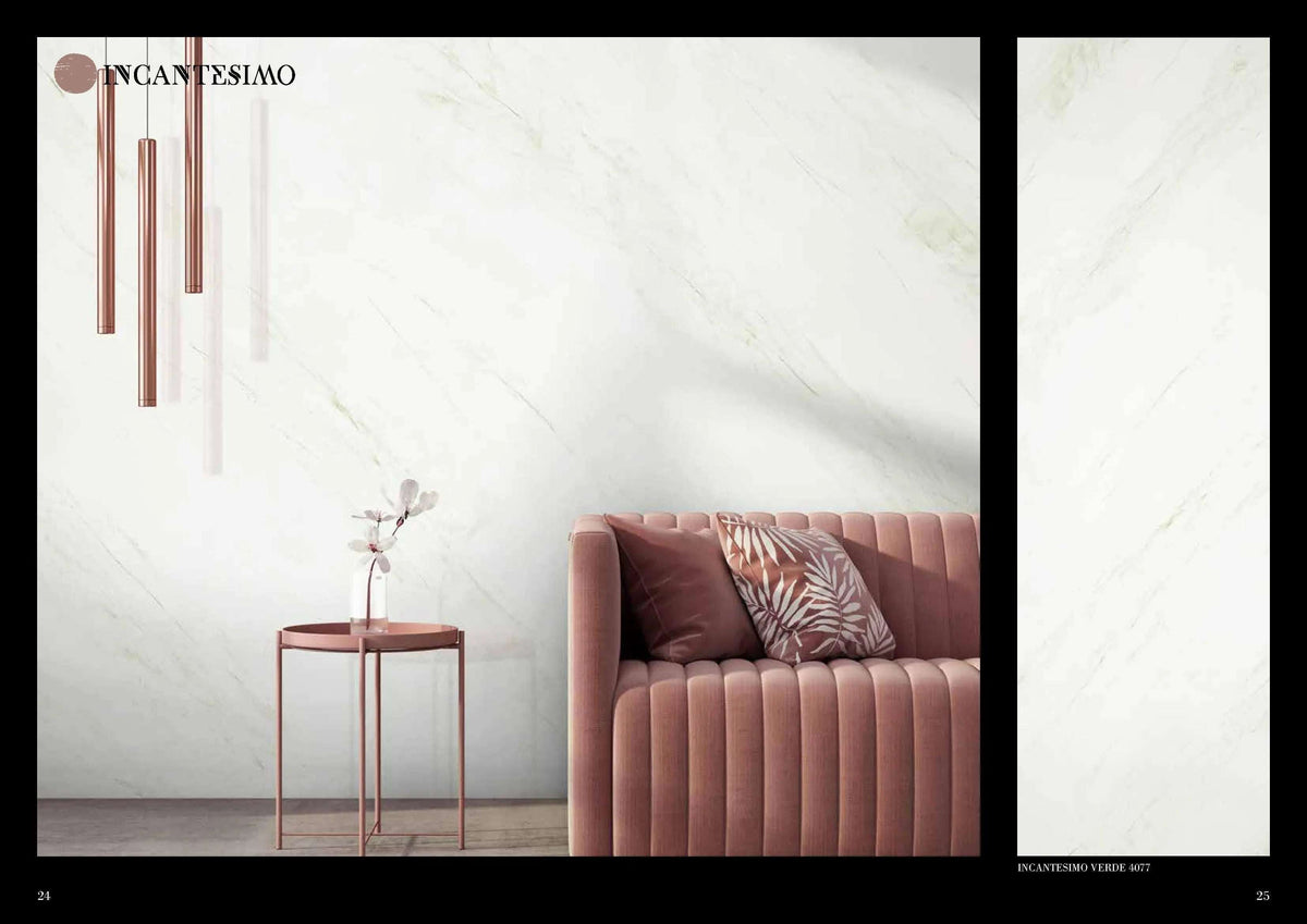 Venetian marble effect wall with pink pendant lights and pink sofa