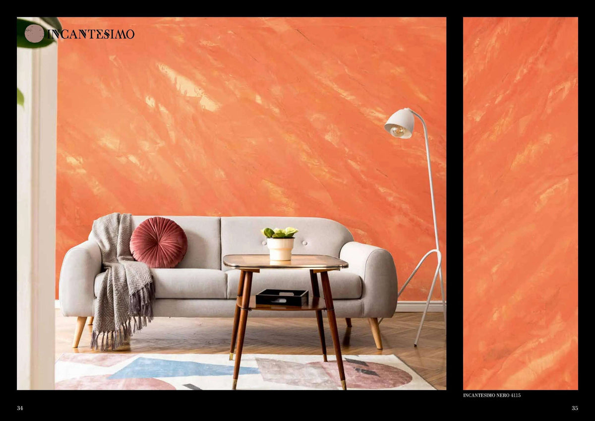 Venetian marble effect wall in coral orange with glossy texture