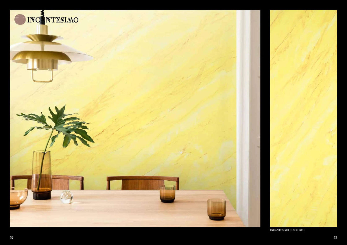 Yellow Venetian marble effect wall with modern pendant light