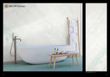Venetian marble effect plaster wall with bathtub and wooden towel rack