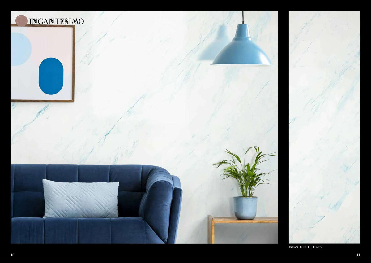 Wall with Venetian marble effect plaster and blue pendant light